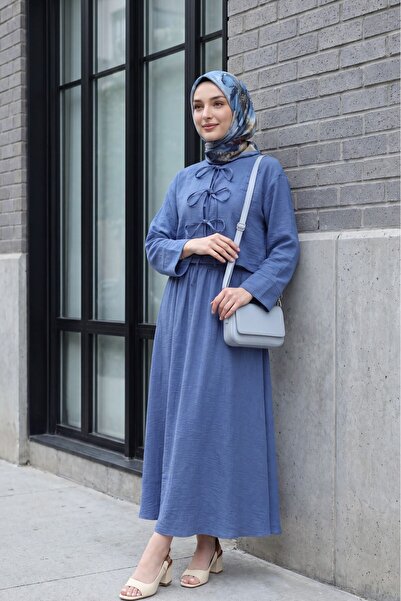 Modamorfo Linen Look Suit with Lace-Up Front and Elastic Waist Skirt - Blue