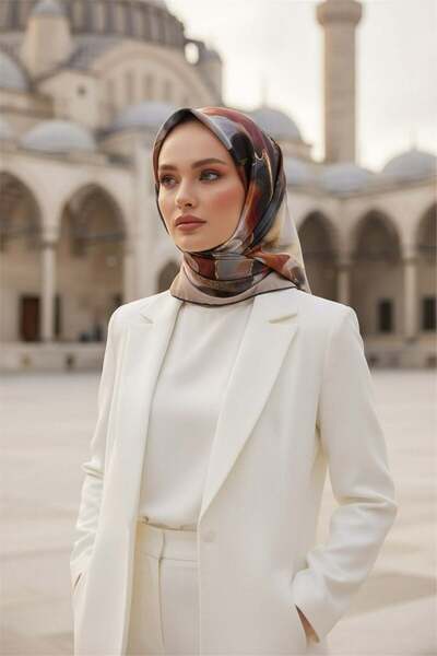 Vissona %100 Twill İpek Batik Desenli Nar Çiçeği - Petrol Yeşili Renkli 90x90...