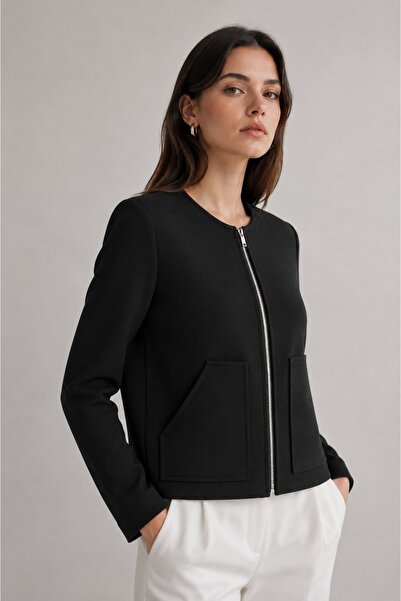 Elbikom İnce Dokulu Mevsimlik Oversize Premium Kumaş Basic Ceket Siyah