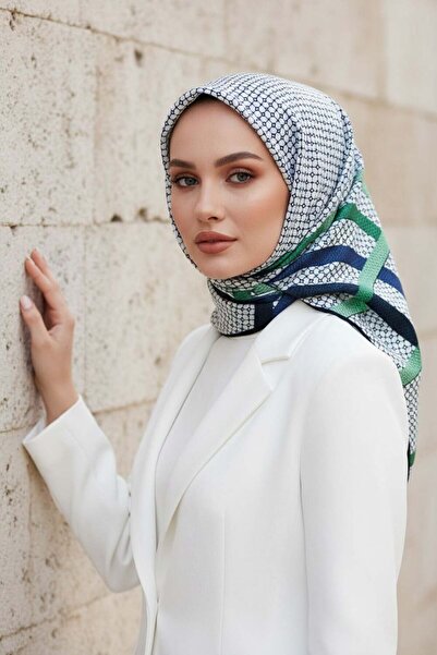 Vissona %100 Twill İpek Bantlı Monogram Desenli Zümrüt Yeşili - Lacivert Renk...