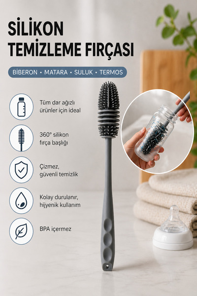Kinlee Silikon Biberon Temizleme Fırçası 360° – Uzun Saplı Matara, Suluk ve T...