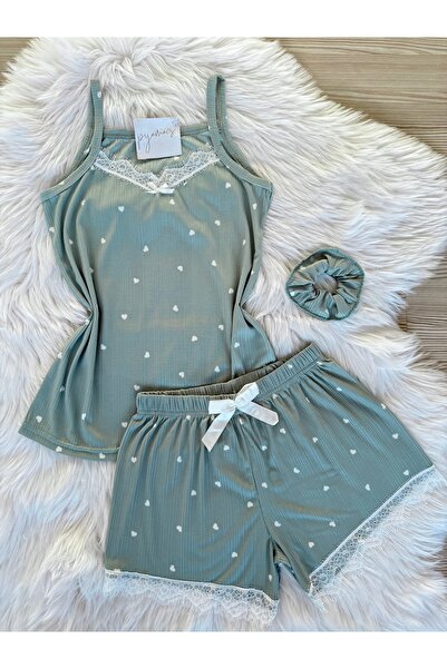 Pijamacs Çağla Yeşili Kalp Desenli Şortlu Pegasus Pijama Takımı