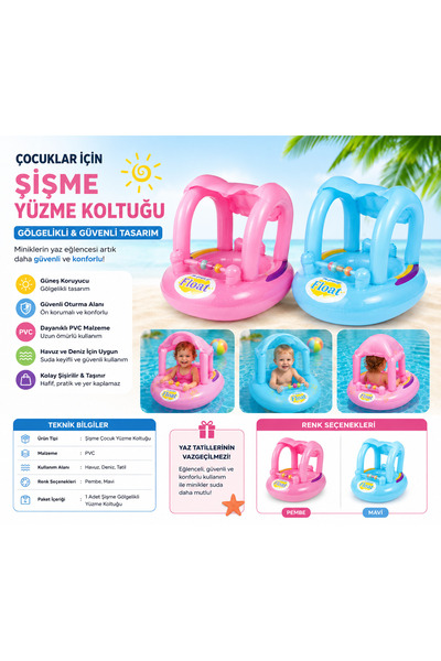 DoruCO Çocuklar İçin Şişme Yüzme Koltuğu ve Gölgelikli Deniz Simidi – Pembe &...