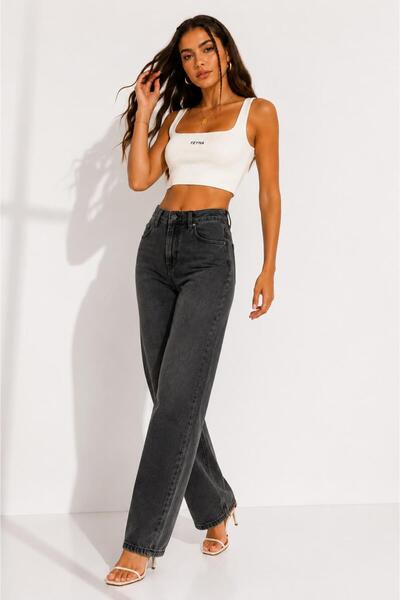 Straight Kalıp Koyu Gri kadın Denim Pantolon