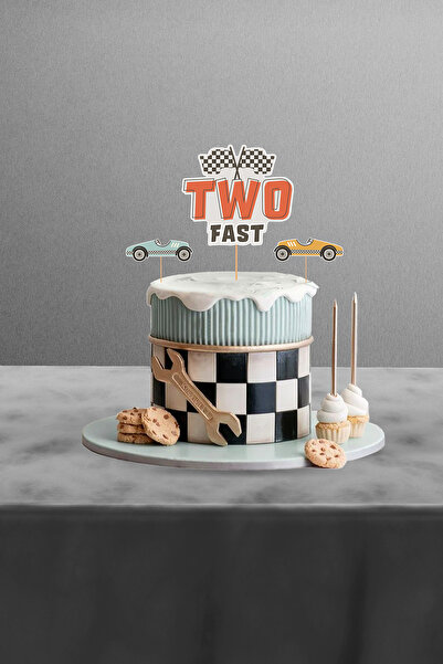 Hey Parti Retro Araba Temalı Two Fast 3’lü 2 Yaş Pasta Süsü (ARABALI DOĞUM GÜ...
