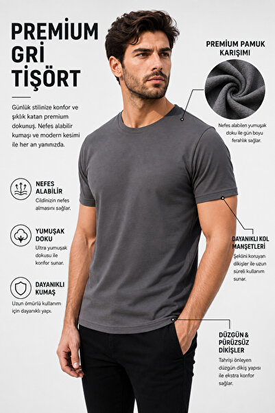 LUXIC CORE Men's Slim Fit Gray Crew Neck Cotton Combed Casual Basic T-Shirt