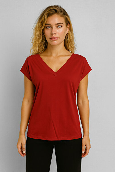 VENA Kadın Almira V Yaka Sırtı Detaylı Modal Tişört Lyocell (Tencel™) - Bordo