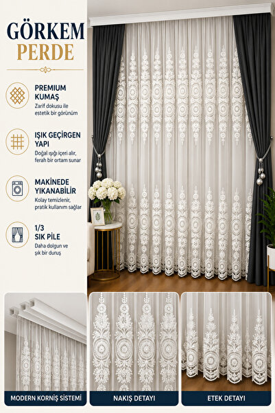Görkem Zavjesa | Izvezena zavjesa od tila, teška, 1/3 gustih nabora, elegantn...