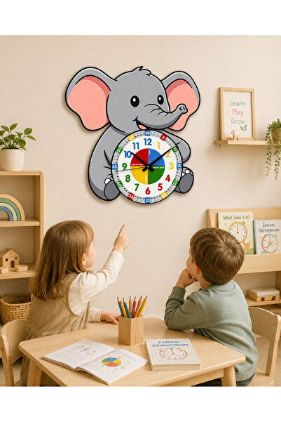 karbonsoft Montessori Eğitici Fil Temalı Çocuk Duvar Saati | Renkli Ahşap Saa...