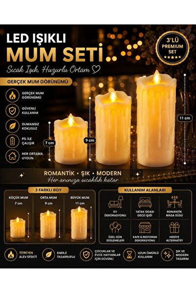 NEWSTORE HOME Titreyen Alevli Krem Erimiş Led Mum 3'lü Hareketli Alevli Eriye...