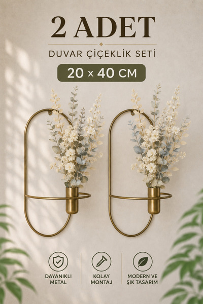 VENON 2 Adet Elips Çiçeklik Modern Dekoratif Metal Duvar Çiçeklik 20 x 40 Sal...