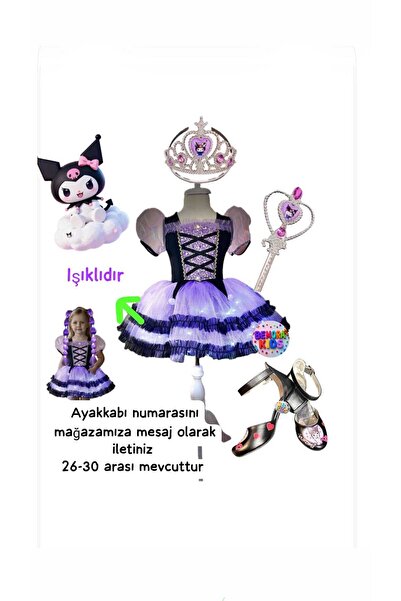 3b kids kuromi ışıklı kostüm kuromi elbise kuromi taç asa kuromi siyah özel t...