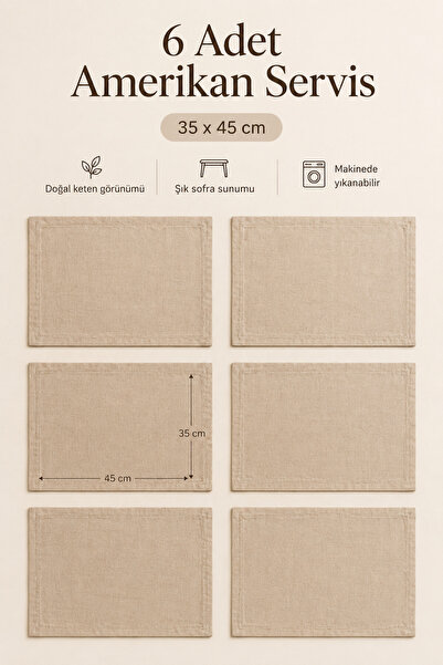 Morlay LINEN | 6 Adet Organik Ham Yıkanmış Keten Amerikan Servis 35 x 45 cm Sofra Sunum Seti