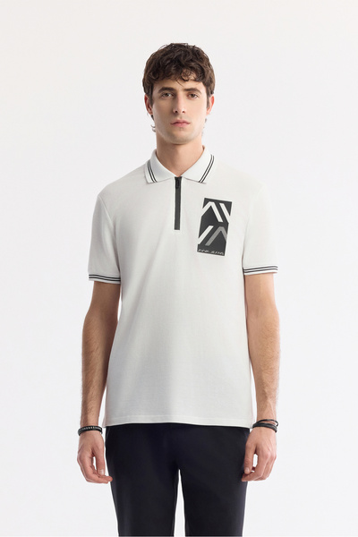 Avva Tricou alb pentru bărbați, cu guler polo, imprimat, 100% bumbac, cu croi...