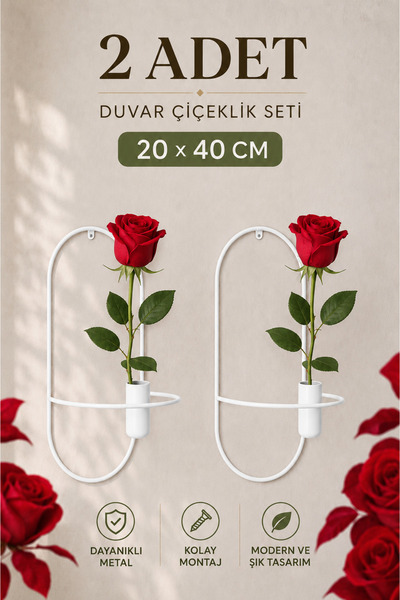 VENON 2 Adet ❤️BEYAZ Elips Çiçeklik Dekoratif Metal Duvar Dekorasyonu Çiçekli...