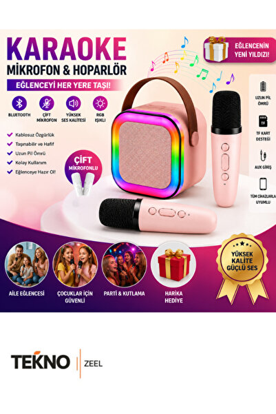 teknozeel Çift Mikrofonlu Karaoke 5 Ses Efektli Rgb Işıklı Bluetooth Kablosuz...