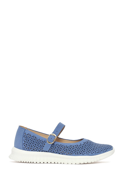 Derimod Women's Blue Buckle Patterned Suede Comfort Shoes 26Pfe470810