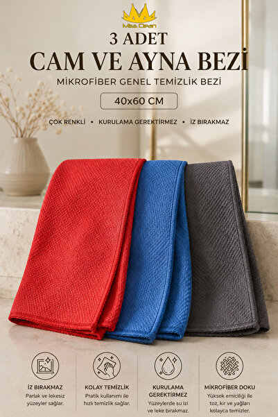 Miss Clean ( 3 ADET ) Cam Ve Ayna Bezi Mikrofiber Genel Temizlik Bezi Çok Ren...