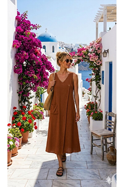 Hale Shop Keten Elbise Helen-Sütlü Kahve