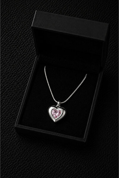 CAXBERN Steel Zircon Stone Pink Heart Necklace