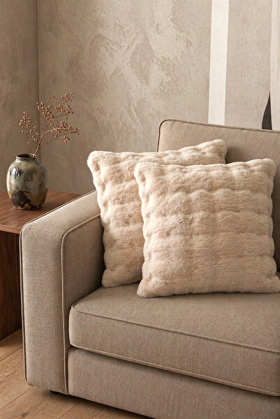 Eliz Home 2'li Bubble Tavşan Tüyü Bej Yastık Kırlent Kılıfı Çift Taraflı (43x...