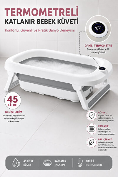 Folding Baby Bathtub with Non-Slip Base with Touch Screen and Graduated Thermometer 45 Lt Grey