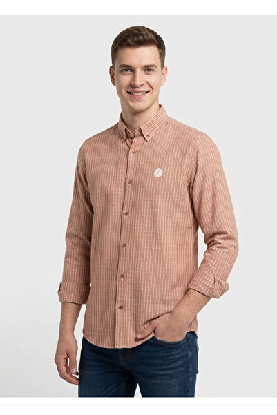 FUSARO Keten Pamuklu Slim Fit Çizgili Erkek Gömlek - Kolay Ütülenebilir Nefes...