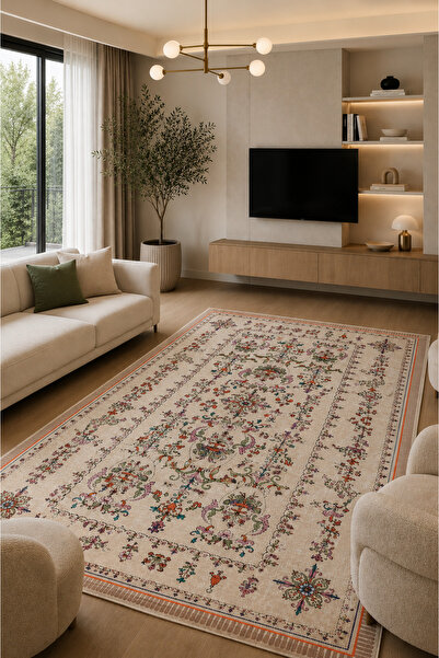 Pelura Halı Floral Elegance Desen Baskılı Kaymaz Yıkanabilir Salon Oturma Oda...