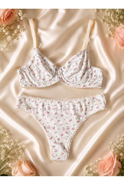 dem merys Beyaz Lilya Dantelli Bralet Sütyen Tanga Takımı