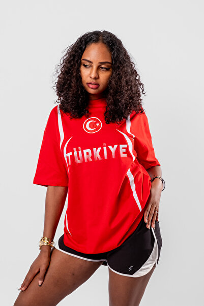 Bak Moda تي شيرت أحمر كبير الحجم مطبوع عليه تركيا للجنسين