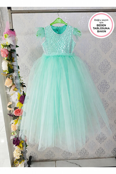 Kidstore Kız Çocuk Arkası Fiyonklu Omuzları Tüylü Uzun Elbise