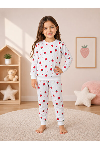 Bebelove Girl's Set Strawberry Patterned 100% Cotton Long Sleeve Top and Bott...