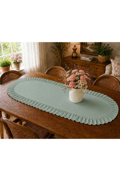 ŞAH TEXTILE DESIGN Oval su yeşili sık fırfırlı keten runner 40x110