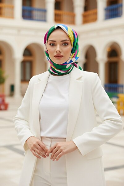 Vissona %100 Twill İpek Geometrik Desenli Fuşya - Zümrüt Yeşili Renkli 90x90 ...