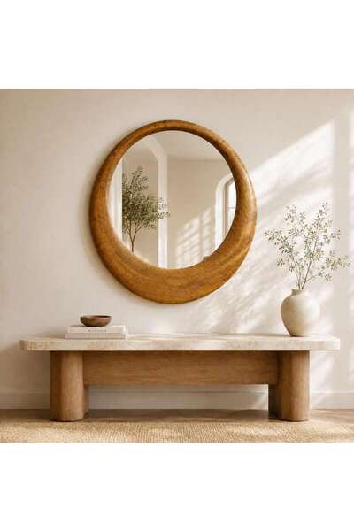 PAN HOME Khaleya Mango Wood Oval Wall Mirror 121x121cm - Brown