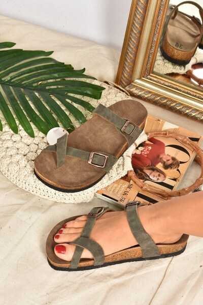 Fox Shoes Yeşil Süet Parmak Arası Kadın Terlik K777613402