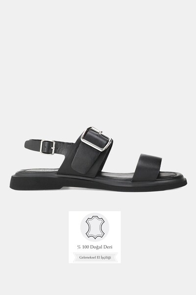 TUNAELLİ WOMEN'S BLACK GENUINE NATURAL LEATHER STRAPPED BUCKLE FLAT SANDALS