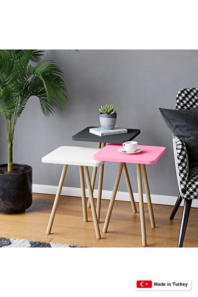 interGO 3 Pieces Coffee Table Wooden Legs Square - Pink / White / Gray