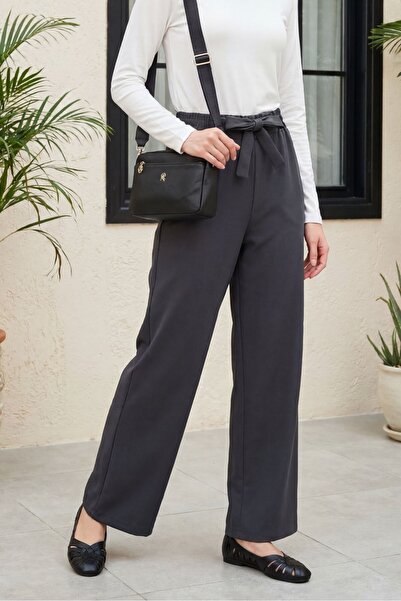 Modamorfo Double Fabric Wide Leg Trousers with Belt - Smoked