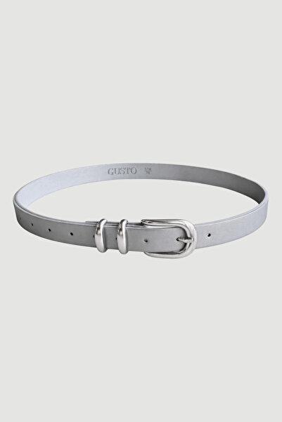 Gusto Oval Buckle Metal Bridge Faux Leather Belt - Gray