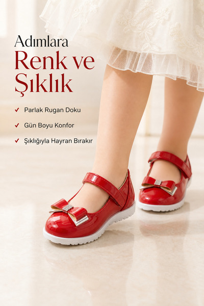 morbella Red Girl's Ballerina Ballerina Orthopedic Shoes with Bow Detail