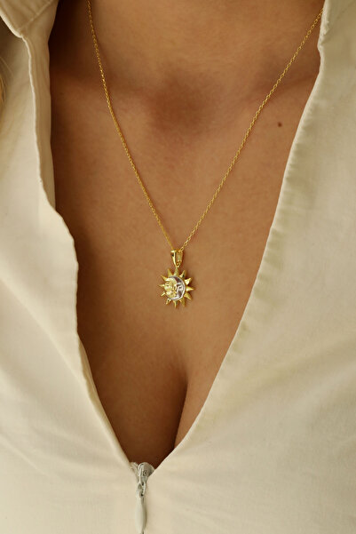 Spossy Silver Jewelry 925 Ayar Gümüş, 14 Ayar Gold/Silver, Güneş Ve Ay Kolye