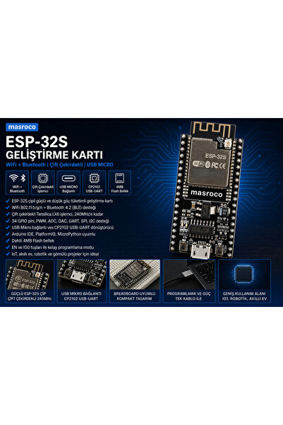 ESP -32S Wifi - Bluetooth Geliştirme Kartı -CP2102 (SMA – U.FL (IPEX) dönüştü...
