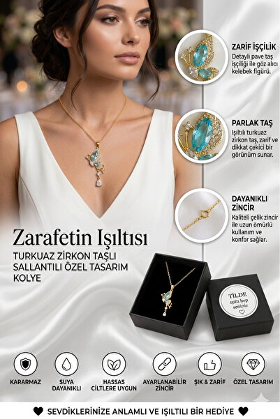 Tilde Sallantılı Mavi Taşlı Kelebek Kolye 316L Çelik Kolye Altın Renk Zirkon Taş