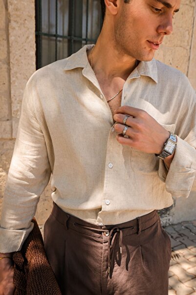 no7man Italian 100% Linen Beige Men's Shirt