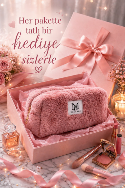 MAKE BAG Büyütülmüş Pembe Ponponlu Makyaj Çantası