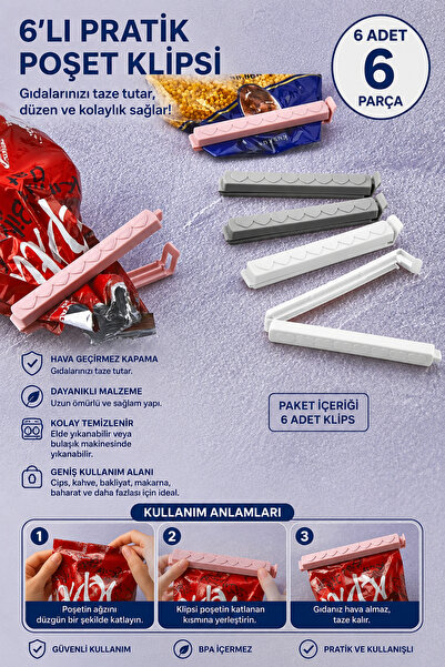 MİMOZA PARK 6'lı Poşet Klipsi Bag Clips - Paket Mandalı