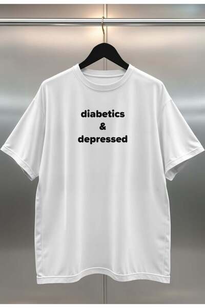 buzagi Diabetics and Depressed Digital Print Oversize White Unisex T-Shirt