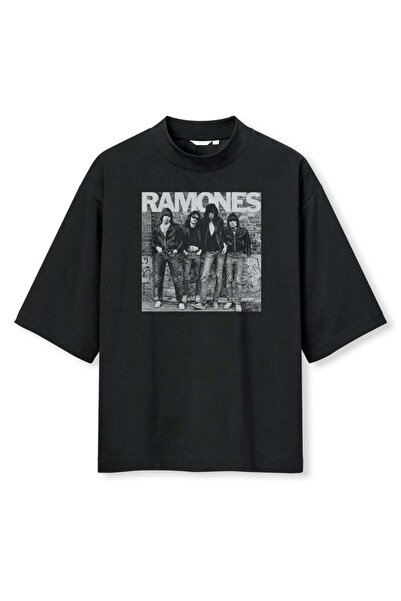 buzagi tasarım ürünleri Ramones Digital Print Oversize Black Unisex T-Shirt