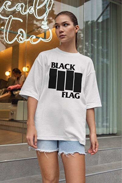 buzagi tasarım ürünleri Black Flag Oversize Unisex White T-Shirt